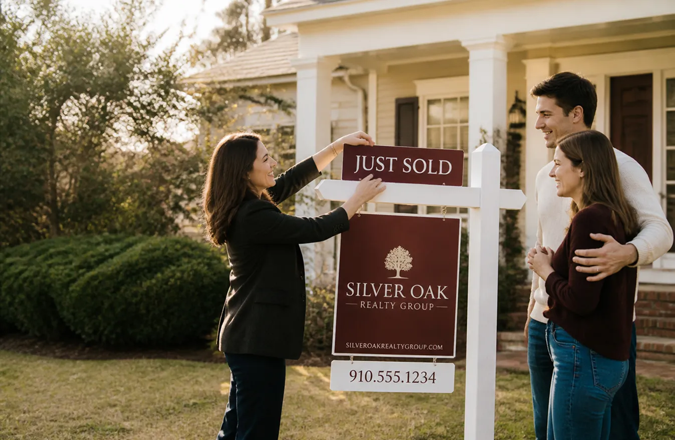 A real-estate agent with a client outside a home