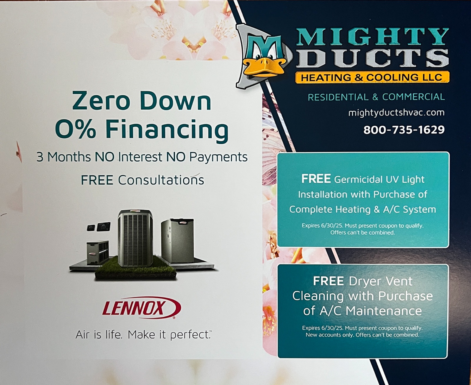 A Mighty Ducts Heating & Cooling direct mail postcard offering zero-down financing, co-branded with their equipment manufacturer