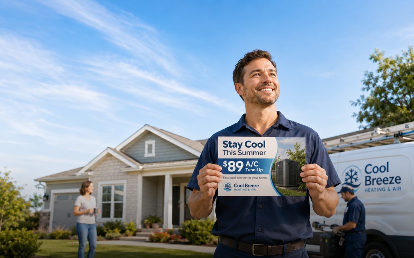 An HVAC technician holding a seasonal tune-up postcard outside a suburban home, with a service van in the driveway